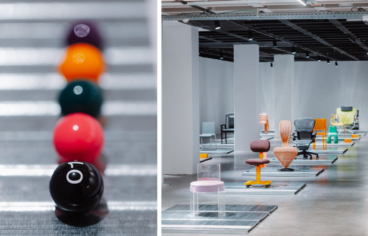 Les boules de couleur permettent de relier chaque assise aux cinq grandes thématiques de l’exposition.