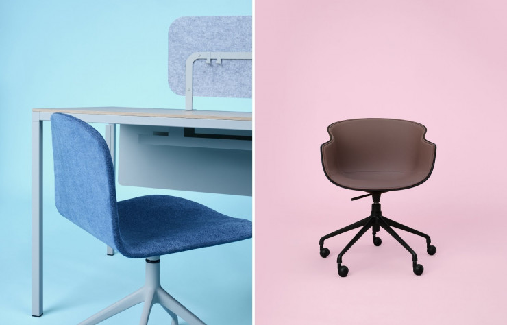A gauche : Ensemble de bureau composé de la table Dry et de la chaise Bob. A droite : Le fauteuil Bai d’Ander Lizaso. Sa coque ergonomique permet d’aborder les longues journées de travail dans le plus grand des conforts.