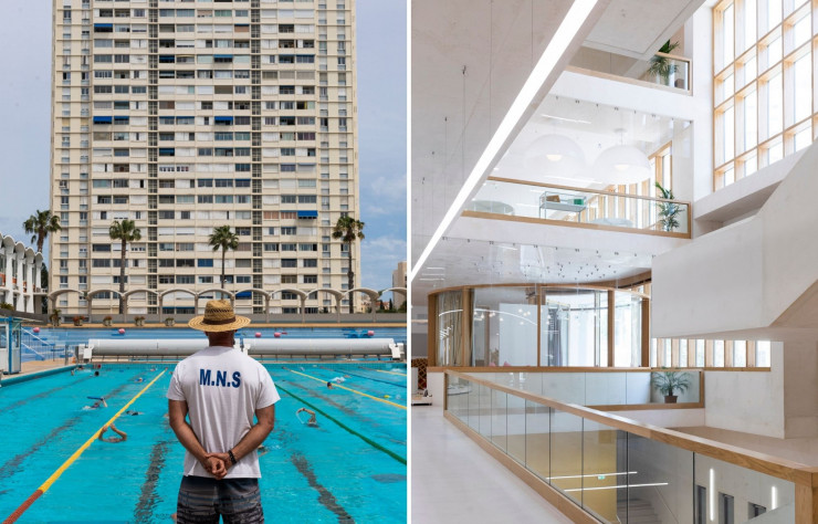 A gauche : Angles vifs, porte-à-faux et mosaïques, la piscine du Port marchand est l’œuvre d’Alfred Henry, un élève de Mies van der Rohe. A droite : Couloir de la nouvelle médiathèque de Toulon.