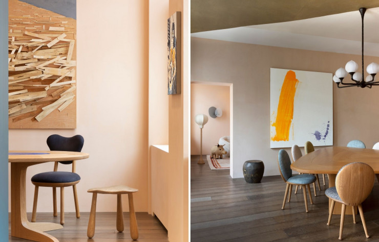 A gauche : Chaise Mrs Oops, Pierre Yovanovitch Mobilier. Au mur, l’oeuvre «Destruction n°43» de Tadashi Kawamata, 2020, Galerie Kamel Mennour. A droite : La salle à manger du showroom.