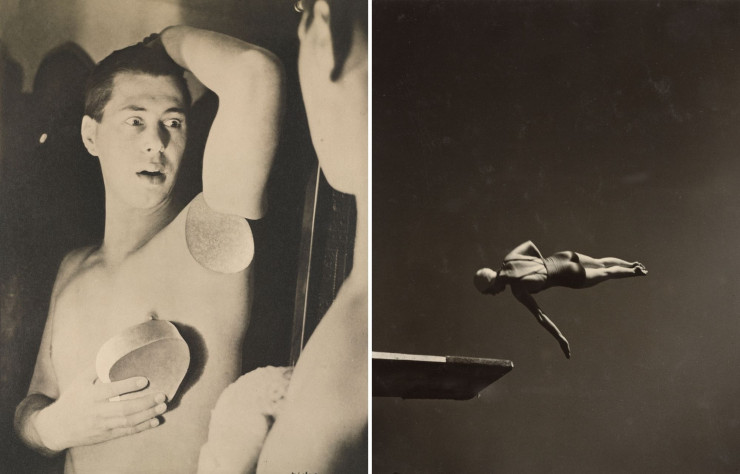 A gauche : Humainement impossible (autoportrait), 1932, de Herbert Bayer. A droite : Classe (Marjorie Gestring, championne olympique 1936 de plongeon de haut vol), 1935, de John Gutmann.