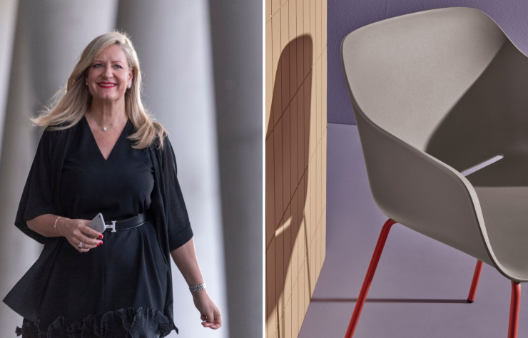 A gauche :  Monica Pedrali a baigné dans le monde du meuble depuis son enfance. Désormais, elle cumule les casquettes à la tête de l’entreprise familiale. A droite : Le fauteuil Babila XL, d’Odo Fioravanti, fait partie de la famille « Recycled Grey », des produits en plastique 100 % recyclé.
