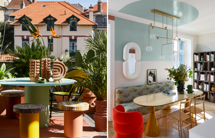 A gauche : Sur la terrasse, fauteuil Banjooli, design Sebastian Herkner (Moroso). A droite : L’espace salle à manger, face à la cuisine. 