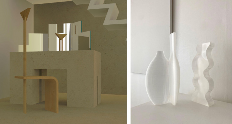Chaise Argot Studio et trio de vases réalisés en 3D à partir de matériaux biosourcés et 100% biodégradables