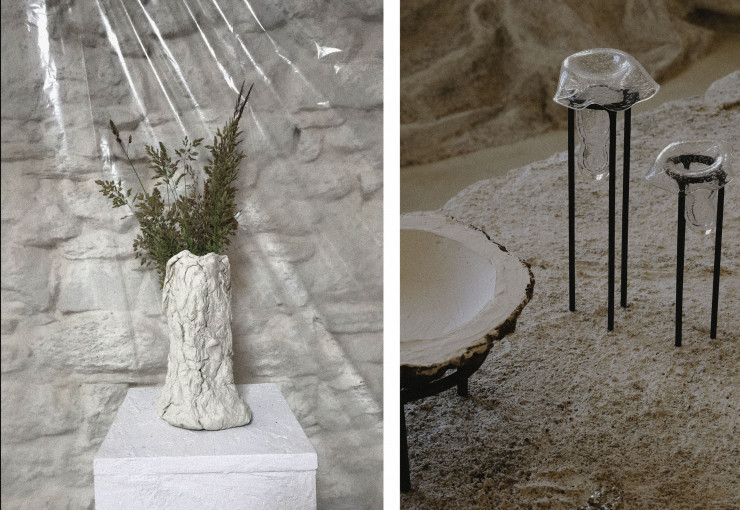À gauche, vase sculptural imaginée par Capucine Guhur, à droite, verrerie présentée à la Design Parade Toulon 2021.