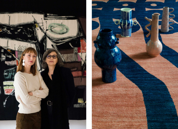 Amélie-Margot Chevalier et sa sœur Céline Letessier, les fondatrice de la Galerie Chevalier-Parsua. À droite, tapis dessiné par IBBKI Paris.