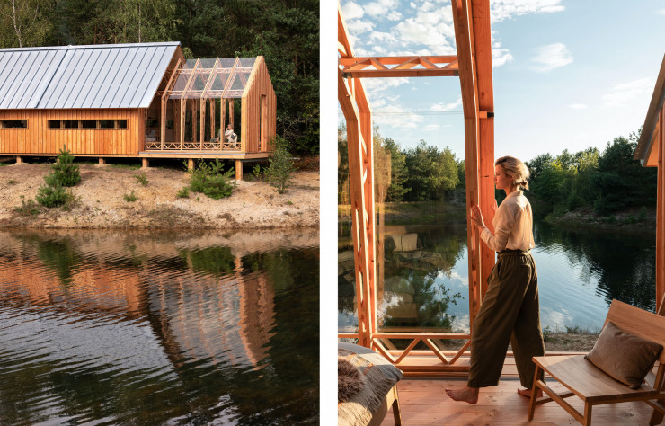 En version ouverte avec terrasse, la Cabin Anna offre une supervise de 55 m2, sa verrière permettant de profiter de la nature environnante.