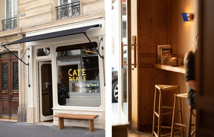 Façade du nouveau Café Pigalle et intérieur orné de bois.