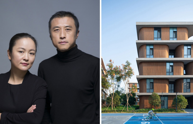 A gauche : Huang Wenjing et Li Hu A droite : Piste de course du campus et école primaire conçues par les deux architectes.