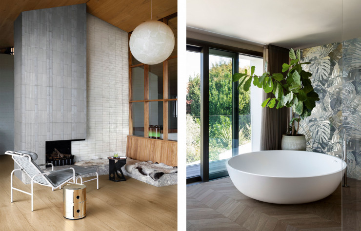A droite : Une décoration chaleureuse avec une disposition relief des revêtements de Marazzi. A gauche : Salle de bain design pensée par Marazzi.