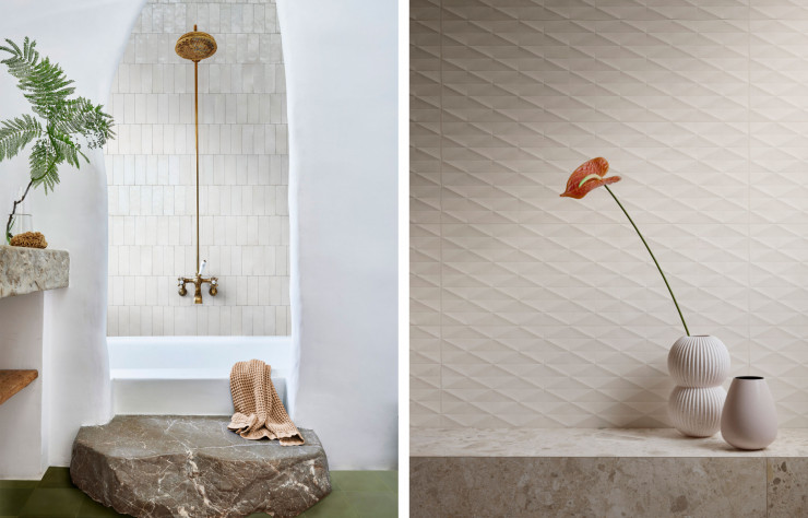A droite : « Crogiolo Rice » célèbre l’artisanat avec ses surfaces irrégulières. A gauche : « Chill » présente entre autres des carreaux neutres à effet diamant en 3D pour un surcroit de relief.