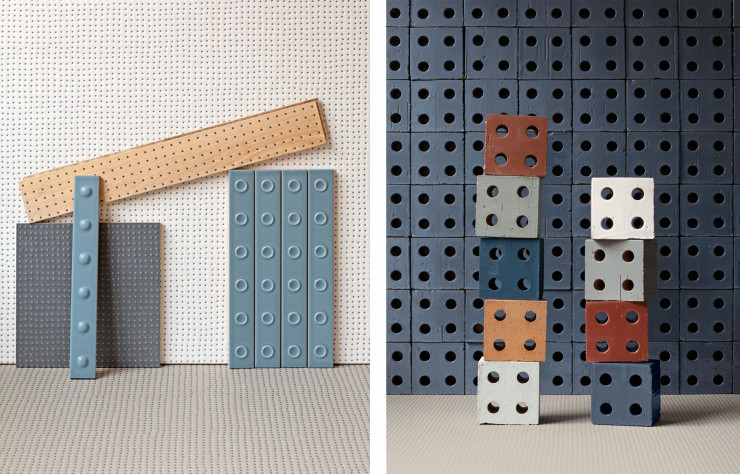 A droite : Des compositions avec les briques Bloc. A gauche : Céramique de la gamme Punto et parquet Pico Bois avec ses points bleus.