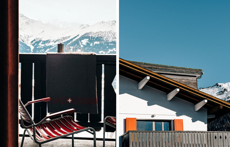 Une pointe de rouge – tellement suisse ! – rythme les façades du chalet.