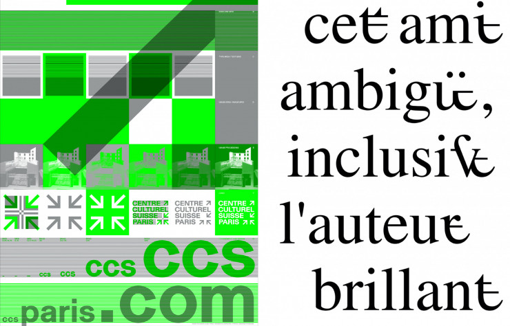 Marietta Eugster imagined the identity of the Swiss Cultural Center in Paris (left) and Tristan Bartolini, a young student at HEAD in Geneva, invented an alphabet that promotes inclusive writing (right).