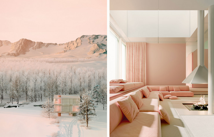 Winter House prend la forme d’une grande structure en béton qui émerge du sol. Dans le salon, le rose fait écho aux couleurs du corps humain.