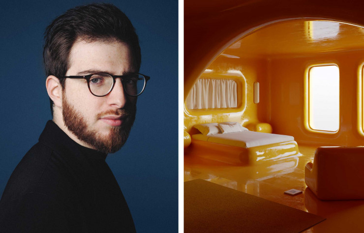À gauche, Benjamin Guedj, designer et concepteur d’espaces en 3D. À droite, rendu 3D d’une chambre visiblement inspirée de l’esthétique des années 1970.