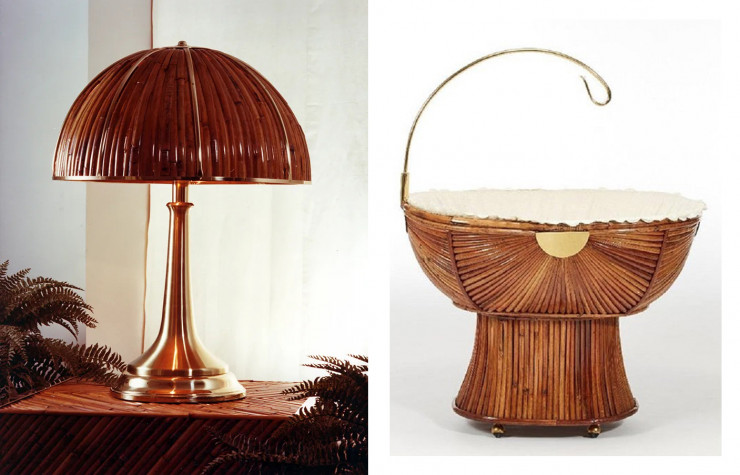 A gauche : lampe Fungo (1973). A droite : lit pour bébé (1975). Deux pièces de la collection Rising Sun.