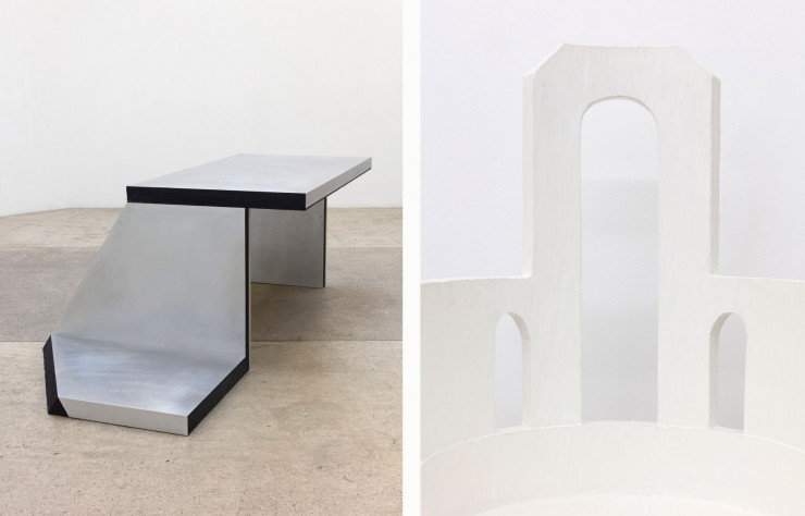 A gauche, bureau Polygob, à droite détail de la chaise sculpturale pensés par Rooms studio.