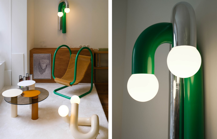 De gauche à droite : la nouvelle table d’Axel Chay, au mur une potence déclinée du lampadaire Modulation, le fauteuil Parad et la lampe Sphinx.