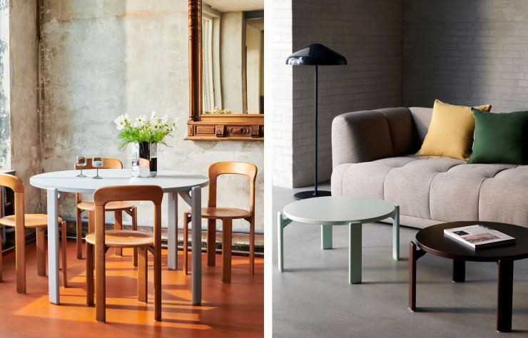 La collection Rey pour Hay se compose d’une chaise, d’un tabouret de bar, d’un tabouret, d’une table basse et d’une table à manger.