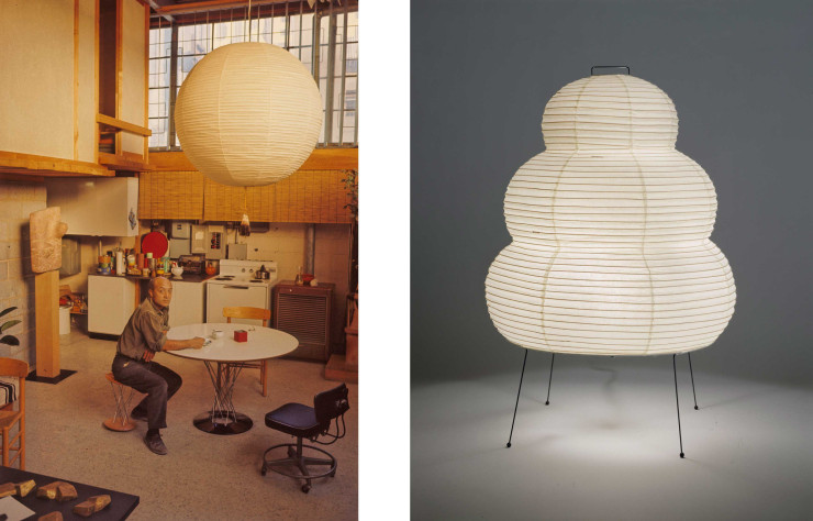 A gauche, Isamu Noguchi dans son studio de Long Island City, Queens, 1964. The Noguchi Museum Archives, 07281. A droite, lampe Akari 25N, 1968. The Noguchi Museum Archives, 03066
