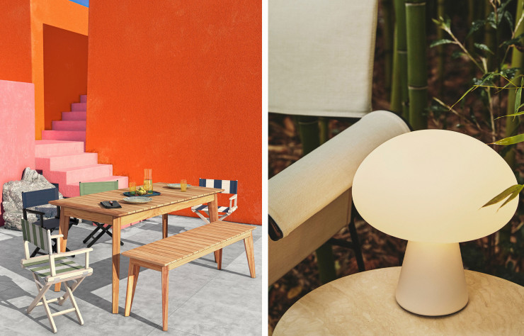 A gauche, table et banc en teck, chaises pliantes à rayures en hêtre blanc. A droite, lampe portable Obello.