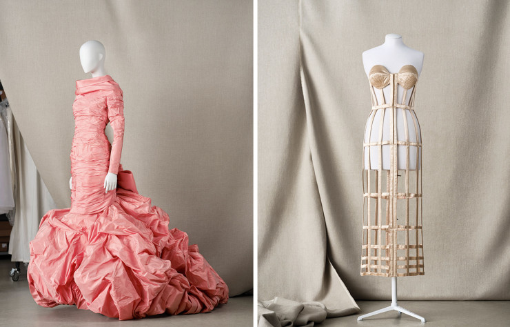 Une robe de mariée de Christian Lacroix (1987) et la robe Cage, de Jean Paul Gaultier (1989), tous visibles au palais Galliera jusqu’en juin.