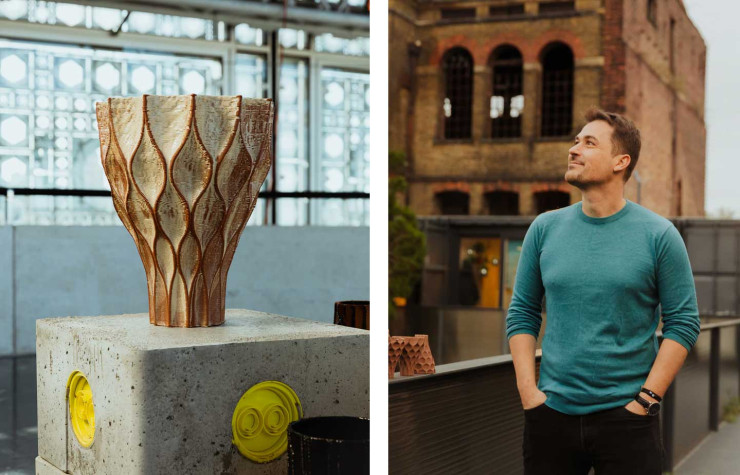 On the left is a Muqar vase from the Alhambra.gcode collection by Trame.  On the right, designer Arthur Mamu-Mani created glazed earthenware for Trame.