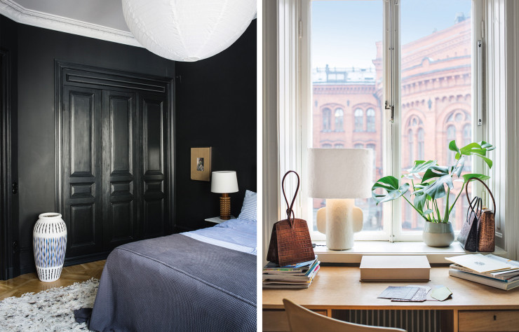 Dans la chambre, peinture noire mate Off-Black (Farrow & Ball) (à gauche). / Dans le bureau, lampe en papier mâché White Earth, design Marie Michielssen (Serax) (à droite).