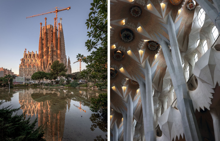 A gauche, la Sagrada Familia affiche une silhouette majestueuse. A droite, détail de la construction intérieure.