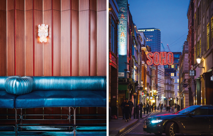 Located on the 10th floor of The Standard hotel, Decimo is a bar-restaurant orchestrated by Michelin-starred chef Peter Sanchez-Iglesias (left).  / Carnaby Street, former “mods” district (on the right).