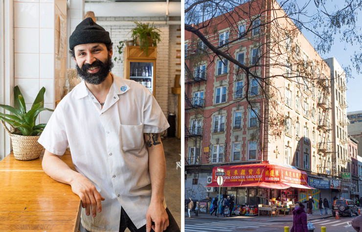 Edward, the cook at The Butcher's Daughter vegetarian restaurant in Williamsburg, Brooklyn (left).  / View of Chinatown, at the intersection of Forsyth Street and Hester Street (on the right).