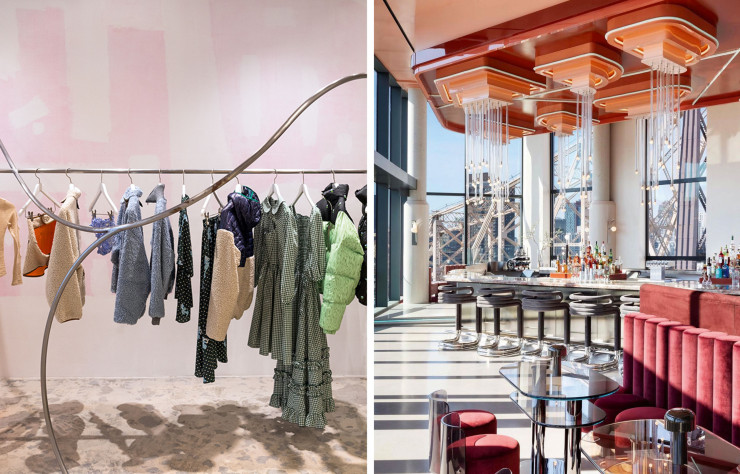 Sandy Liang's shop in Chinatown (left).  / The neo-80s interior of the Panorama Room on Roosevelt Island (right).