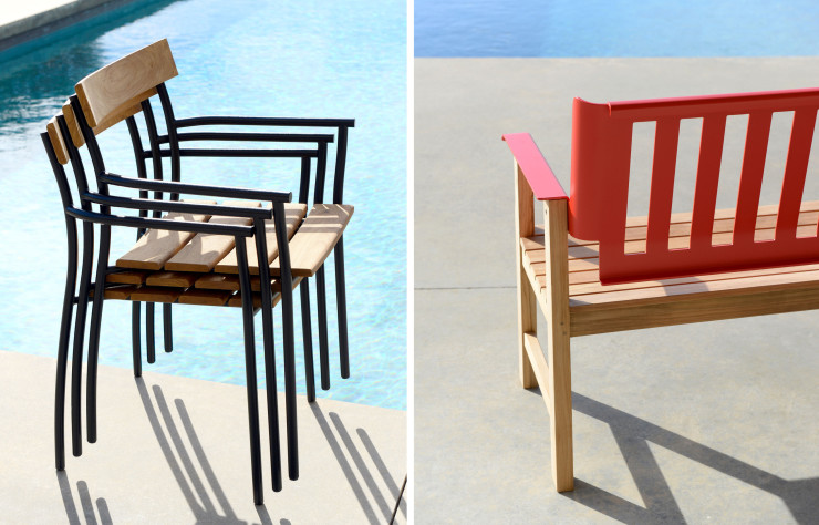 À gauche, le fauteuil empilable Cicala, de Julie Richoz. À droite, le banc Lausanne d’Anthony Guex.