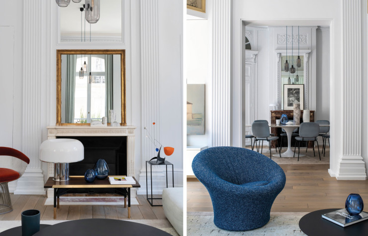 From the living room to the dining room, Mushroom F560 armchair, design Pierre Paulin (Artifort).  Coffee table by Bea Mombaers (Serax).  Drip vase, design Per Lütken (Holmegaard).