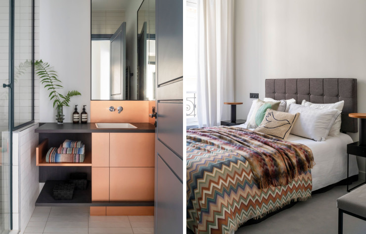In the bathroom, custom washbasin cabinet, Frédéric Crouzet design (left).  / In the master bedroom, Missoni plaid and bedspread.  The Conran Shop cushions (right).