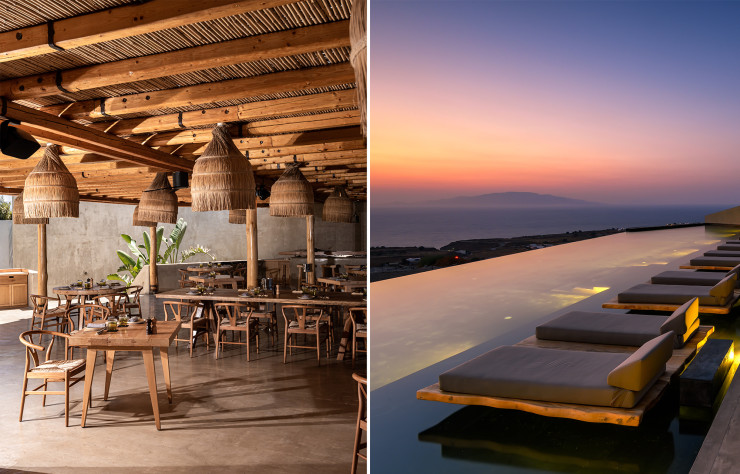 Le restaurant Pacman, son infinity pool et leur imprenable vue sur le coucher de soleil d’Oia à Santorin.