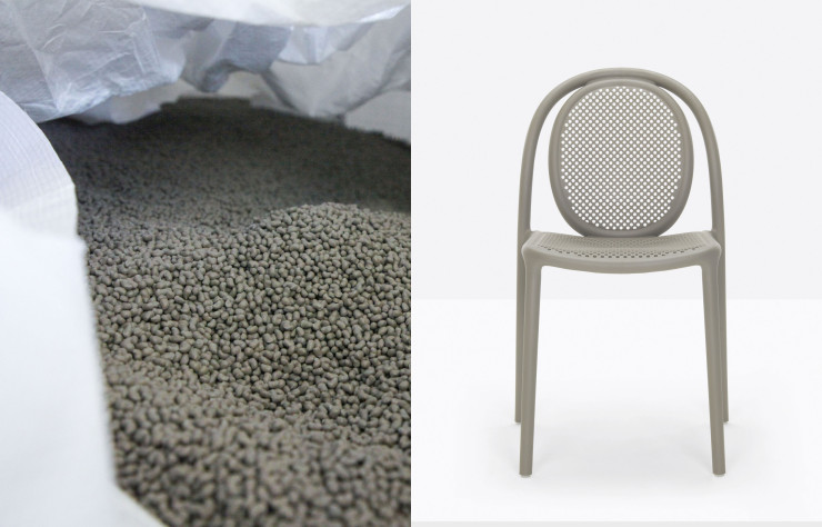 La chaise Remind, du designer espagnol Eugeni Quitllet, fabriquée en « Recycled Grey », une matière première entièrement recyclée (ci-dessus) conçue par l’éditeur italien Pedrali.