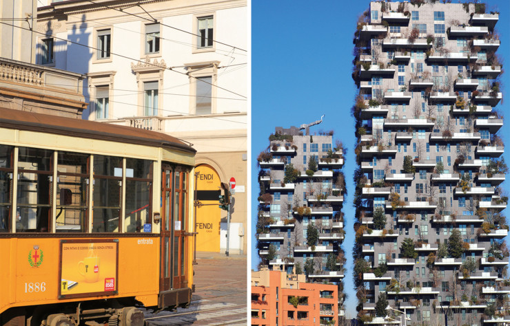 Les tramways jaune orangé de la fin des années 20, toujours en circulation, ajoutent à la poésie de Milan (à gauche). / Dans le quartier de Porta Nuova, les deux tours d’habitation Bosco Verticale sont couvertes de 15 000 plantes et arbres (à droite).