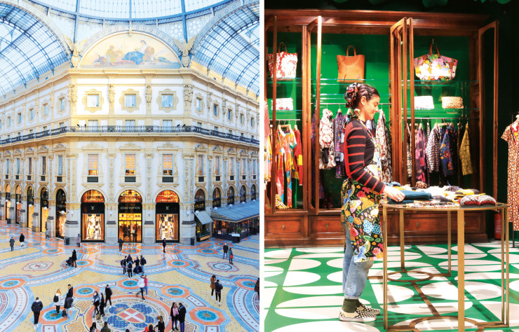 À côté du Duomo, la Galleria Vittorio Emanuele II est un passage couvert érigé au XIXe siècle (à gauche). / Via Sant’Andrea, l’univers coloré et gai de la boutique La DoubleJ. reflète la personnalite de sa fondatrice, l’ex-journaliste J.J. Martin (à droite).