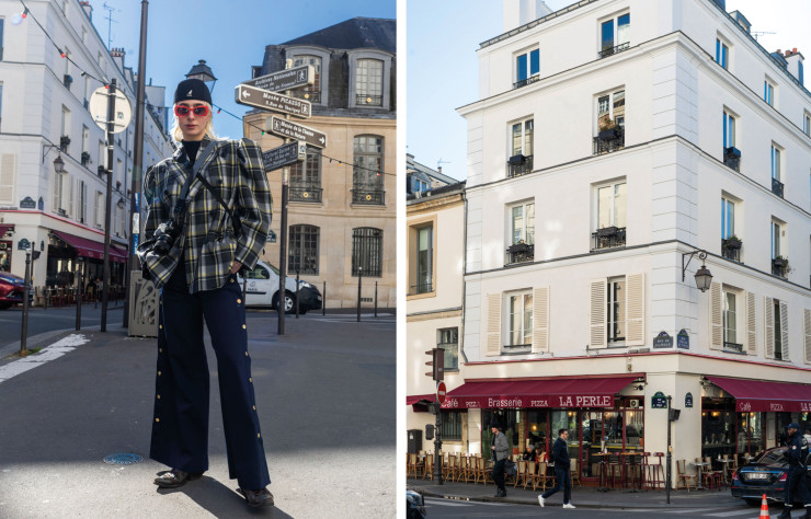 Rencontrée dans le Marais, Shasha, une photographe (à gauche). / Rue Vieille-du-Temple (IIIe), le Café La Perle (à droite).