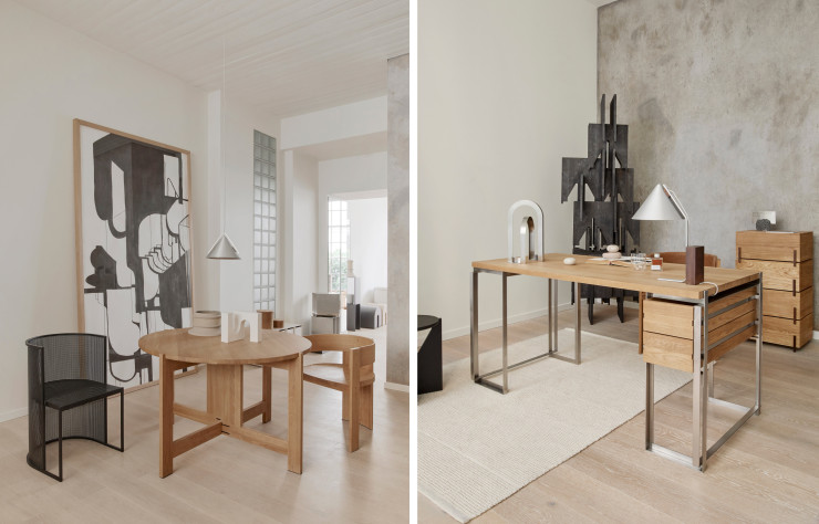 A gauche, chaise Bauhaus (2020), table et chaise en bois extraites de la collection Collector (2021). A droite, bureau Outline et Framce Sculpture (2022).