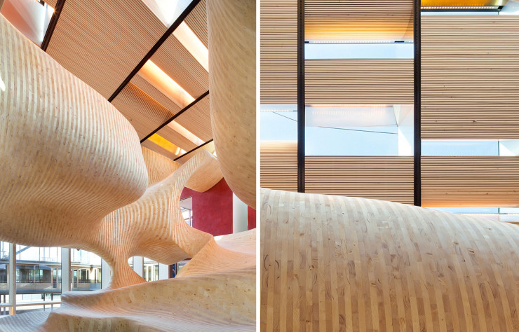 À Klaus, en Autriche, au sein du campus de la société Omicron, Dietrich Untertrifaller a imaginé une structure en bois de forme hyper-sculpturale.