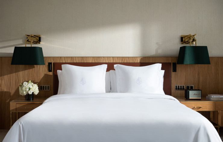 Dans cette chambre de la catégorie Deluxe, les magnifiques têtes de lit en chêne arraché à la gouge contrastent avec les meubles en bois verni.