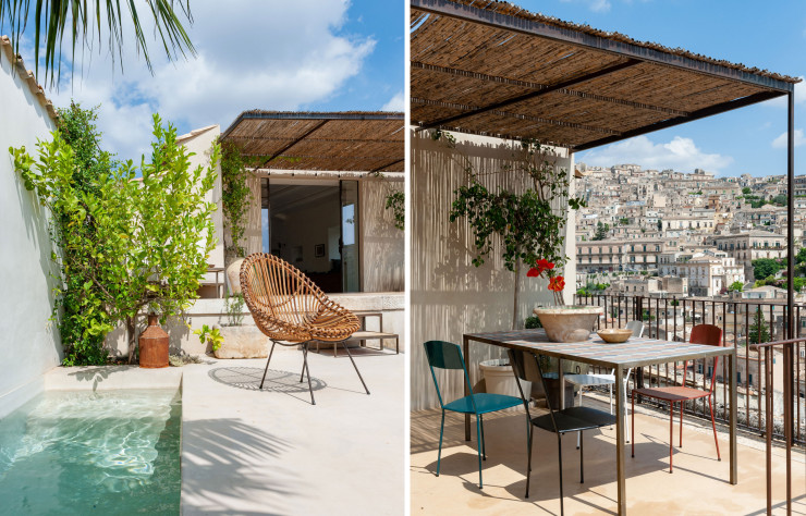 Sur la terrasse, sous la pergola en bambou et acier, table de salle à manger en acier bruni et carreaux de ciment, conçue sur mesure.