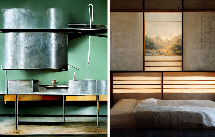 A gauche, cuisine en acier inoxydable inspirée de Le Corbusier. A droite, lit couvert de draps en lin, dans le goût de John Pawson, à la lumière du matin.
