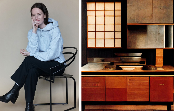 A gauche, portrait de l’artiste et designer Charlotte Taylor. A droite, cette cuisine japonaise en bois dans le goût de Charlotte Perriand a été conçue grâce à un outil d’intelligence artificielle. 