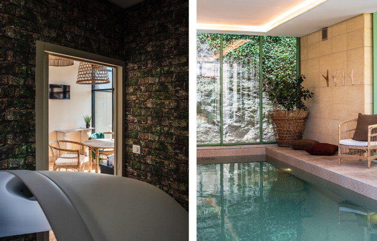 A gauche : le spa. A droite : la piscine de l’hôtel de Bouilhac.