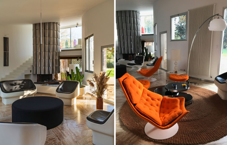 Dans le salon de la Villa Benkemoun, la cheminée a été conçue par le designer Max Sauze. A droite, les fauteuils Harcourt.