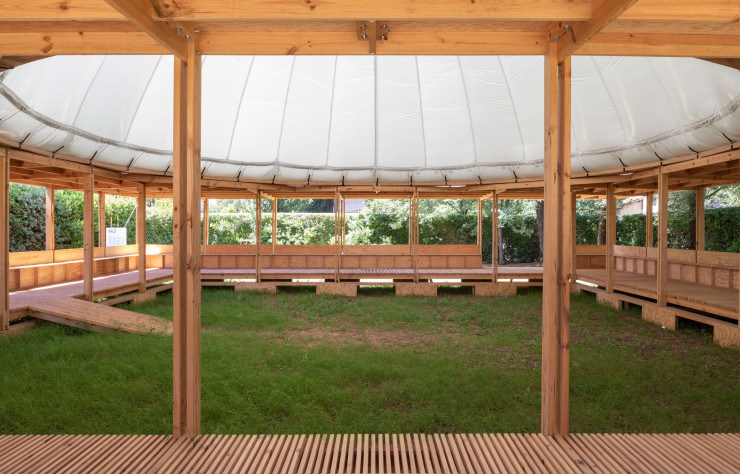 Le pavillon ProtoCAMPO, conçu par l’agence Wald, réalisé avec les élèves du lycée Haroun-Tazieff de Saint-Paul-lès-Dax (Landes) ayant participé à la Résidence Pro.